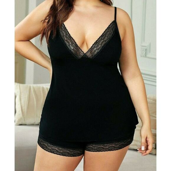 Women's Lingerie Black Lace Trim Vneck Pajama Set Camisole Tank Top Shorts 2X - Picture 4 of 4